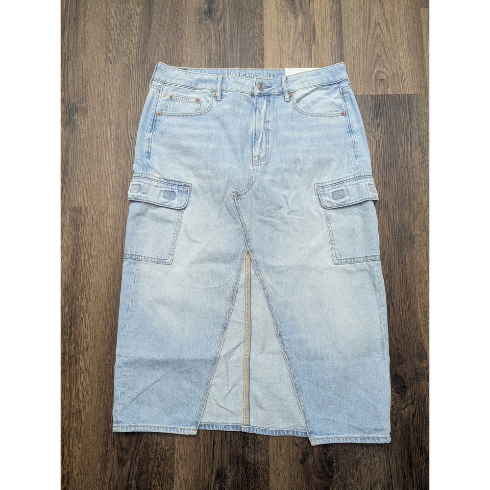 NWT American Eagle Jean Skirt 10 Blue Light High Rise Midi Slit‎ Stretch Denim